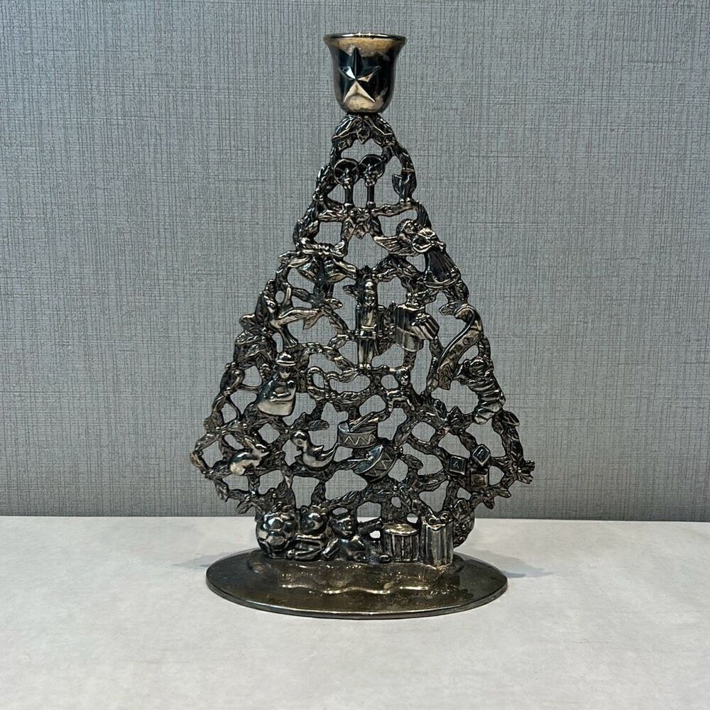 Vtg Silverplated Christmas Tree Candle Holder Holiday Decor